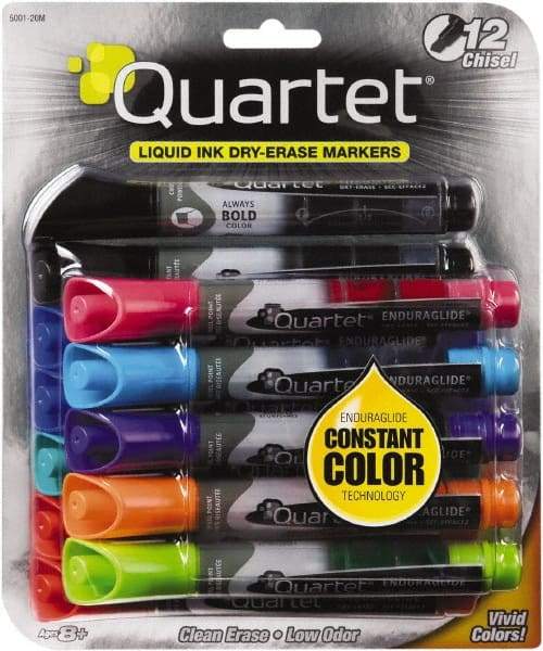 Quartet - Assorted Colors, Chisel Tip, 12 Set EnduraGlide Dry Erase Markers - For Use with Dry Erase Marker Boards - Industrial Tool & Supply