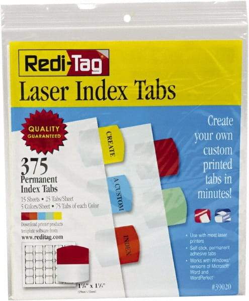 Redi-Tag - 1-1/8 x 1-1/4" 5 Tabs, Self-Adhesive, Self-Adhesive File Folder Tabs - Red, Blue, Mint, Orange, Yellow - Industrial Tool & Supply