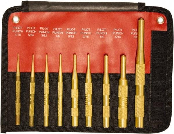 Mayhew - 9 Piece, 1/16 to 3/8", Brass Pilot Punch Kit - Round Shank, Brass, Comes in Pouch - Industrial Tool & Supply