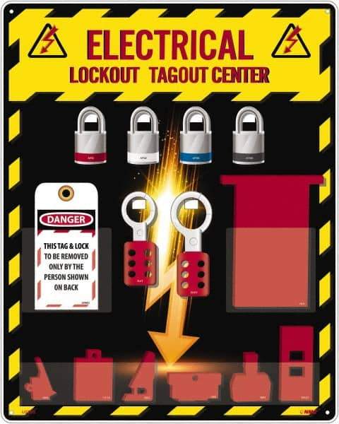 NMC - Equipped Acrylic Electrical Lockout Station - 16" Wide x 20" High x 4" Deep, Red, White, Blue, Black - Industrial Tool & Supply