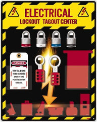 NMC - Equipped Acrylic Electrical Lockout Station - 16" Wide x 20" High x 4" Deep, Red, White, Blue, Black - Industrial Tool & Supply