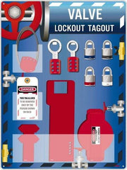 NMC - Equipped Acrylic Valve Lockout Station - 18" Wide x 24" High x 4" Deep, Red, White, Blue, Black - Industrial Tool & Supply