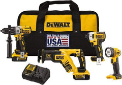 DeWALT - 20 Volt Cordless Tool Combination Kit - Includes 1/2" Brushless Hammerdrill, Brushless 1/4" Impact Driver, Brushless Reciprocating Saw & LED Worklight, Lithium-Ion Battery Included - Industrial Tool & Supply