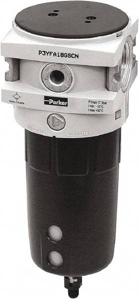 Parker - 1" Port, 9.6" High x 3-1/2" Wide Filter with Polypropylene Bowl, Automatic Drain - 170 SCFM, 254 Max psi, 140°F Max Temp, Sight Glass Included, Modular Connection, Bowl Guard, 4.4 oz Bowl Capacity - Industrial Tool & Supply
