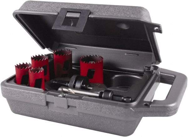 M.K. MORSE - 7 Piece, 7/8" to 1-1/2" Saw Diam, Mechanic's Hole Saw Kit - Bi-Metal, Toothed Edge, Pilot Drill Model No. MAPD301, Includes 2 Hole Saws - Industrial Tool & Supply