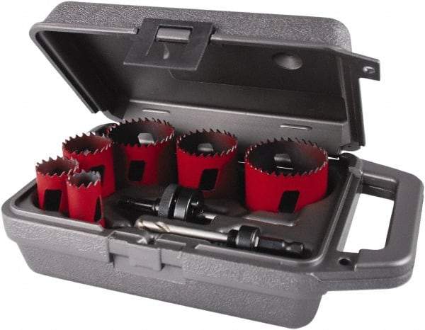 M.K. MORSE - 8 Piece, 7/8" to 2-1/2" Saw Diam, Electrician's Hole Saw Kit - Bi-Metal, Toothed Edge, Pilot Drill Model No. MAPD301, Includes 3 Hole Saws - Industrial Tool & Supply