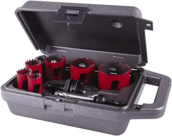 M.K. MORSE - 8 Piece, 3/4" to 2-1/4" Saw Diam, Plumber's Hole Saw Kit - Bi-Metal, Toothed Edge, Pilot Drill Model No. MAPD301, Includes 2 Hole Saws - Industrial Tool & Supply