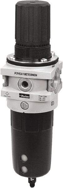 Parker - 3/4" NPT Port Heavy-Duty 1 Piece Filter/Regulator FRL Unit - Polypropylene Bowl, 335 SCFM, 254 Max psi, 13-1/2" High, Manual Drain - Industrial Tool & Supply