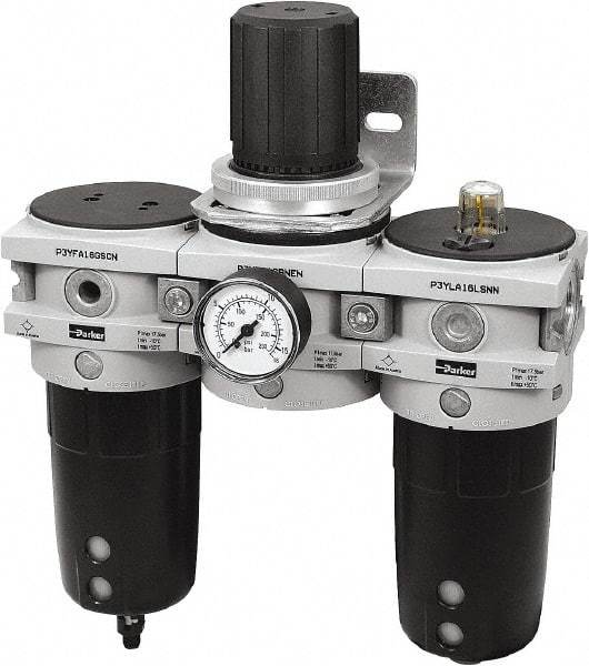 Parker - 3/4" NPT Port Heavy-Duty 3 Piece Filter-Regulator-Lubricator FRL Unit - Polypropylene Bowl, 170 SCFM, 254 Max psi, 13-1/2" High, Manual Drain - Industrial Tool & Supply