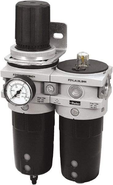 Parker - 1" NPT Port Heavy-Duty 2 Piece Filter/Regulator-Lubricator FRL Unit - Polypropylene Bowl, 340 SCFM, 254 Max psi, 13-1/2" High, Automatic Drain - Industrial Tool & Supply