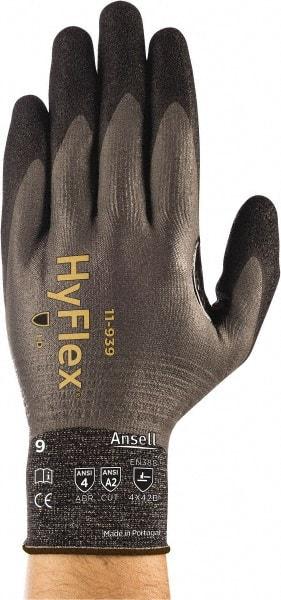 Ansell - Size L (9), ANSI Cut Lvl A2, Abrasion Lvl 4, Nitrile/Polyurethane Coated HPPE Fiber Cut Resistant Gloves - 9.6063" Long, Fully Coated Coated, Spandex & Dyneema/Nylon Lining, Knit Wrist, Gray/Black, Paired - Industrial Tool & Supply