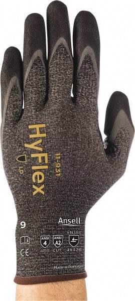 Ansell - Size S (7), ANSI Cut Lvl A2, Abrasion Lvl 4, Nitrile/Polyurethane Coated HPPE Fiber Cut Resistant Gloves - 8.6221" Long, Palm & Fingers Coated, Spandex & Dyneema/Nylon Lining, Knit Wrist, Gray/Black, Paired - Industrial Tool & Supply