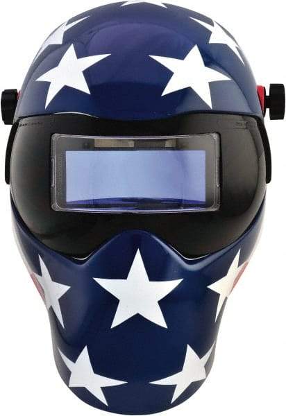 Save Phace - 4-1/4" Window Width x 2" Window Height, 4, 9 to 13 Shade Auto-Darkening Lens, Fixed Front Welding Helmet - Red/White/Blue, Nylon Green Lens - Industrial Tool & Supply