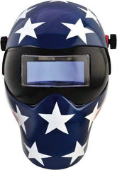 Save Phace - 4-1/4" Window Width x 2" Window Height, 4, 9 to 13 Shade Auto-Darkening Lens, Fixed Front Welding Helmet - Red/White/Blue, Nylon Green Lens - Industrial Tool & Supply