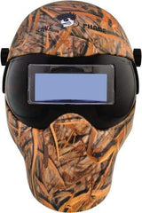 Save Phace - 4-1/4" Window Width x 2" Window Height, 4, 9 to 13 Shade Auto-Darkening Lens, Fixed Front Welding Helmet - Yellow/Black/Tan, Nylon Green Lens - Industrial Tool & Supply