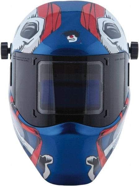 Save Phace - 3.82" Window Width x 1.85" Window Height, 4, 9 to 13 Shade Auto-Darkening Lens, Fixed Front Welding Helmet - Red/White/Blue, Nylon Green Lens - Industrial Tool & Supply