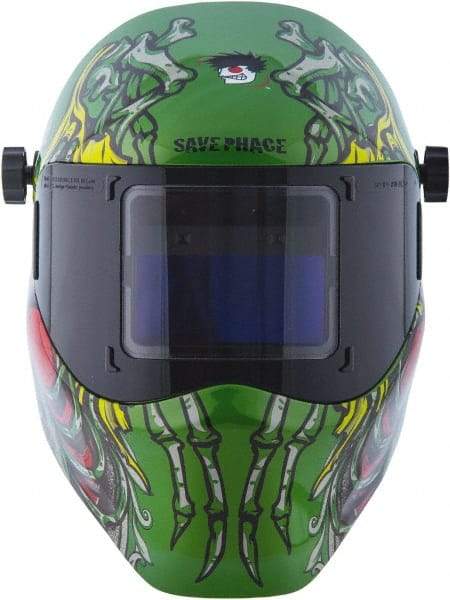 Save Phace - 3.82" Window Width x 1.85" Window Height, 4, 9 to 13 Shade Auto-Darkening Lens, Fixed Front Welding Helmet - Green/Blue/Yellow/Red, Nylon Green Lens - Industrial Tool & Supply