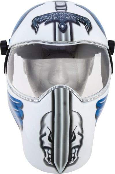 Save Phace - 11" Window Width x 3-3/4" Window Height, 10 Shade Fixed Shade Lens, Fixed Front Welding Helmet - White/Blue/Grey, Nylon Green Lens - Industrial Tool & Supply