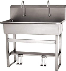 SANI-LAV - 37" Long x 16-1/2" Wide Inside, 1 Compartment, Grade 304 Stainless Steel (3) Person Wash-Station with Double Foot Valves - 16 Gauge, 40" Long x 20" Wide x 45" High Outside, 8" Deep - Industrial Tool & Supply