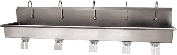 SANI-LAV - 97" Long x 16-1/2" Wide Inside, 1 Compartment, Grade 304 Stainless Steel (5) Person Wash-Station with Double Foot Valves - 16 Gauge, 100" Long x 20" Wide x 18" High Outside, 8" Deep - Industrial Tool & Supply