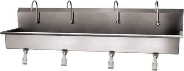 SANI-LAV - 77" Long x 16-1/2" Wide Inside, 1 Compartment, Grade 304 Stainless Steel (4) Person Wash-Station with Single Foot Valves - 16 Gauge, 80" Long x 20" Wide x 18" High Outside, 8" Deep - Industrial Tool & Supply