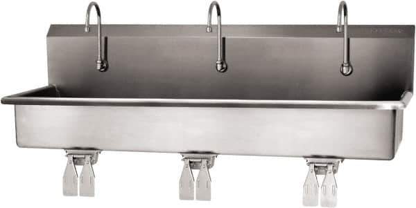 SANI-LAV - 57" Long x 16-1/2" Wide Inside, 1 Compartment, Grade 304 Stainless Steel (3) Person Wash-Station with Double Foot Valves - 16 Gauge, 60" Long x 20" Wide x 18" High Outside, 8" Deep - Industrial Tool & Supply