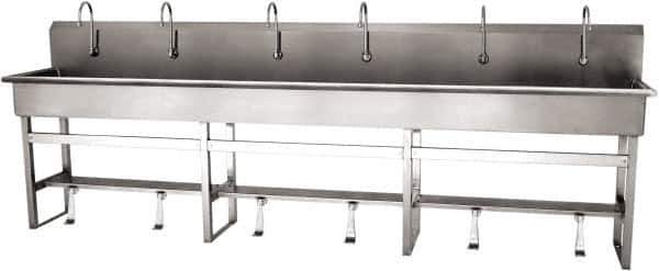 SANI-LAV - 117" Long x 16-1/2" Wide Inside, 1 Compartment, Grade 304 Stainless Steel (6) Person Wash-Station with Single Foot Valves - 16 Gauge, 120" Long x 20" Wide x 45" High Outside, 8" Deep - Industrial Tool & Supply