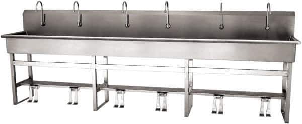 SANI-LAV - 117" Long x 16-1/2" Wide Inside, 1 Compartment, Grade 304 Stainless Steel (6) Person Wash-Station with Double Foot Valves - 16 Gauge, 120" Long x 20" Wide x 45" High Outside, 8" Deep - Industrial Tool & Supply