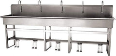 SANI-LAV - 97" Long x 16-1/2" Wide Inside, 1 Compartment, Grade 304 Stainless Steel (5) Person Wash-Station with Double Foot Valves - 16 Gauge, 100" Long x 20" Wide x 45" High Outside, 8" Deep - Industrial Tool & Supply