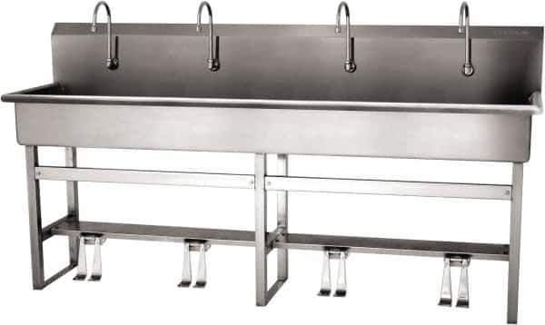 SANI-LAV - 77" Long x 16-1/2" Wide Inside, 1 Compartment, Grade 304 Stainless Steel (5) Person Wash-Station with Double Foot Valves - 16 Gauge, 80" Long x 20" Wide x 45" High Outside, 8" Deep - Industrial Tool & Supply