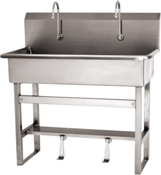 SANI-LAV - 37" Long x 16-1/2" Wide Inside, 1 Compartment, Grade 304 Stainless Steel (3) Person Wash-Station with Single Foot Valves - 16 Gauge, 40" Long x 20" Wide x 45" High Outside, 8" Deep - Industrial Tool & Supply