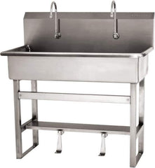 SANI-LAV - 37" Long x 16-1/2" Wide Inside, 1 Compartment, Grade 304 Stainless Steel (3) Person Wash-Station with Single Foot Valves - 16 Gauge, 40" Long x 20" Wide x 45" High Outside, 8" Deep - Industrial Tool & Supply