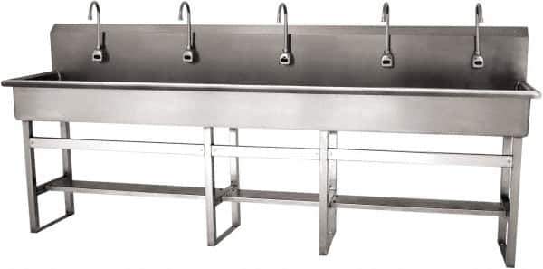 SANI-LAV - 97" Long x 16-1/2" Wide Inside, 1 Compartment, Grade 304 Stainless Steel (5) Person Wash-Station with Electronic Faucet - 16 Gauge, 100" Long x 20" Wide x 45" High Outside, 8" Deep - Industrial Tool & Supply