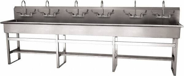 SANI-LAV - 117" Long x 16-1/2" Wide Inside, 1 Compartment, Grade 304 Stainless Steel (6) Person Wash-Station with Manual Faucet - 16 Gauge, 120" Long x 20" Wide x 45" High Outside, 8" Deep - Industrial Tool & Supply