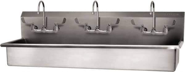 SANI-LAV - 57" Long x 16-1/2" Wide Inside, 1 Compartment, Grade 304 Stainless Steel (3) Person Wash-Station with Manual Faucet - 16 Gauge, 60" Long x 20" Wide x 18" High Outside, 8" Deep - Industrial Tool & Supply
