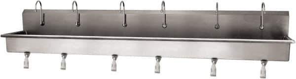 SANI-LAV - 117" Long x 16-1/2" Wide Inside, 1 Compartment, Grade 304 Stainless Steel (6) Person Wash-Station with Single Foot Valves - 16 Gauge, 120" Long x 20" Wide x 18" High Outside, 8" Deep - Industrial Tool & Supply