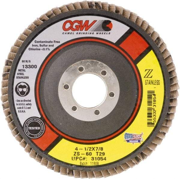 Camel Grinding Wheels - 60 Grit, 4-1/2" Disc Diam, 5/8-11 Center Hole, Type 27 Zirconia Alumina Flap Disc - 13,300 Max RPM, Polyester Backing, Arbor Attaching System, Coated - Industrial Tool & Supply