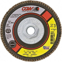 Camel Grinding Wheels - 36 Grit, 4-1/2" Disc Diam, 5/8-11 Center Hole, Type 29 Zirconia Alumina Flap Disc - 13,300 Max RPM, Poly Cotton Backing, Arbor Attaching System, Coated - Industrial Tool & Supply