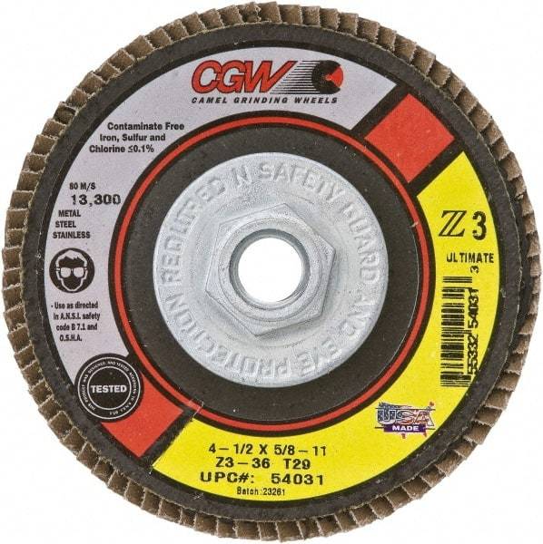 Camel Grinding Wheels - 40 Grit, 4-1/2" Disc Diam, 7/8" Center Hole, Type 27 Zirconia Alumina Flap Disc - 13,300 Max RPM, Poly Cotton Backing, Arbor Attaching System, Coated - Industrial Tool & Supply