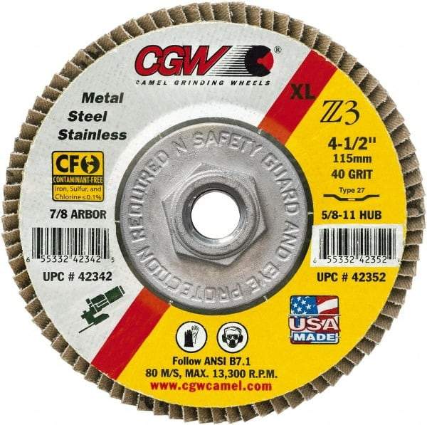 Camel Grinding Wheels - 36 Grit, 5" Disc Diam, 5/8-11 Center Hole, Type 29 Zirconia Alumina Flap Disc - 12,200 Max RPM, Poly Cotton Backing, Arbor Attaching System, Coated - Industrial Tool & Supply