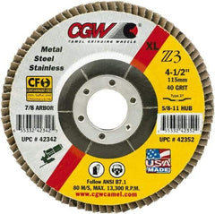 Camel Grinding Wheels - 120 Grit, 4" Disc Diam, 3/8-24 Center Hole, Type 27 Zirconia Alumina Flap Disc - 15,300 Max RPM, Poly Cotton Backing, Arbor Attaching System, Coated - Industrial Tool & Supply