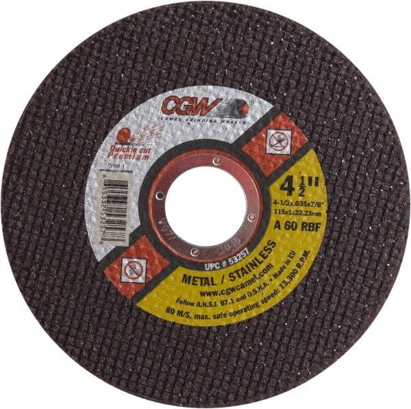 Camel Grinding Wheels - 4-1/2" 60 Grit Aluminum Oxide Cutoff Wheel - 0.035" Thick, 7/8" Arbor, 13,300 Max RPM - Industrial Tool & Supply