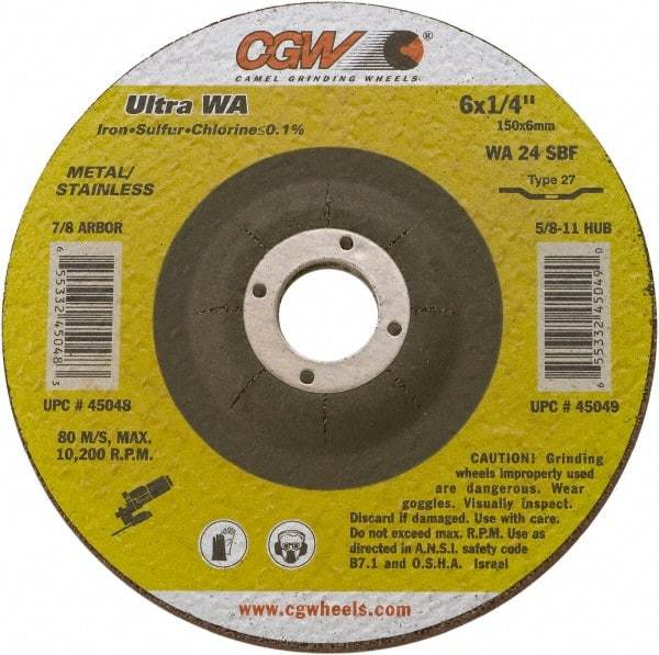 Camel Grinding Wheels - 24 Grit, 9" Wheel Diam, 1/4" Wheel Thickness, 7/8" Arbor Hole, Type 27 Depressed Center Wheel - Coarse Grade, Aluminum Oxide, Resinoid Bond, 6,660 Max RPM - Industrial Tool & Supply