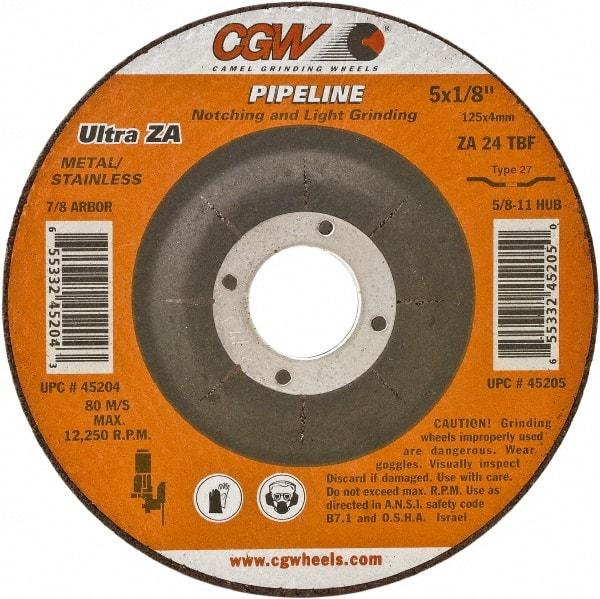 Camel Grinding Wheels - 24 Grit, 7" Wheel Diam, 1/8" Wheel Thickness, Type 27 Depressed Center Wheel - Coarse Grade, Zirconia Alumina, Resinoid Bond, 8,600 Max RPM - Industrial Tool & Supply