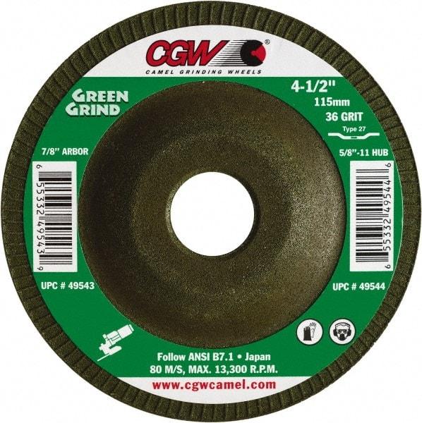 Camel Grinding Wheels - 36 Grit, 5" Wheel Diam, 5/32" Wheel Thickness, 7/8" Arbor Hole, Type 27 Depressed Center Wheel - Medium Grade, Zirconia Alumina, Resinoid Bond, 12,250 Max RPM - Industrial Tool & Supply