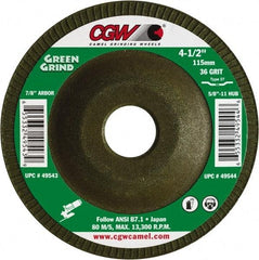 Camel Grinding Wheels - 36 Grit, 4-1/2" Wheel Diam, 5/32" Wheel Thickness, 7/8" Arbor Hole, Type 27 Depressed Center Wheel - Medium Grade, Zirconia Alumina, Resinoid Bond, 13,300 Max RPM - Industrial Tool & Supply