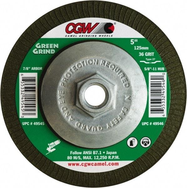 Camel Grinding Wheels - 36 Grit, 7" Wheel Diam, 5/32" Wheel Thickness, Type 27 Depressed Center Wheel - Medium Grade, Zirconia Alumina, Resinoid Bond, 8,600 Max RPM - Industrial Tool & Supply