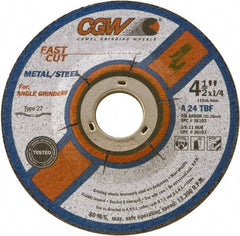Camel Grinding Wheels - 24 Grit, 9" Wheel Diam, 1/4" Wheel Thickness, 7/8" Arbor Hole, Type 28 Depressed Center Wheel - Coarse Grade, Aluminum Oxide, Resinoid Bond, 6,660 Max RPM - Industrial Tool & Supply
