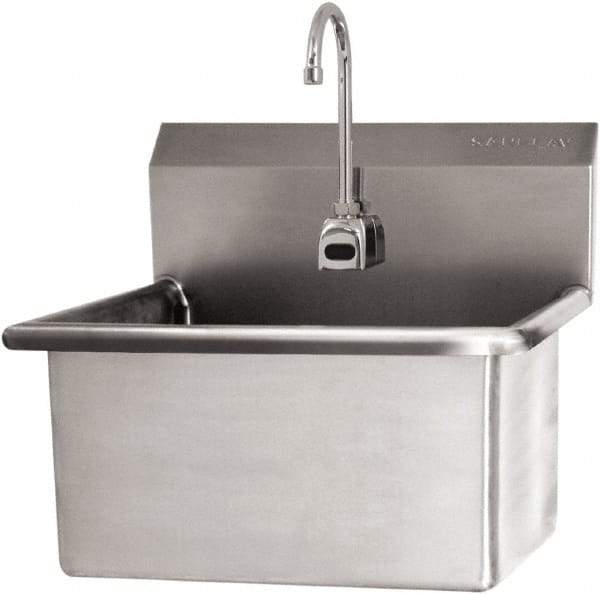 SANI-LAV - 22" Long x 16" Wide Inside, 1 Compartment, Grade 304 Stainless Steel Scrub Sink Wall Mount with Electronic Faucet - 16 Gauge, 25" Long x 19-1/2" Wide x 24" High Outside, 10-1/2" Deep - Industrial Tool & Supply