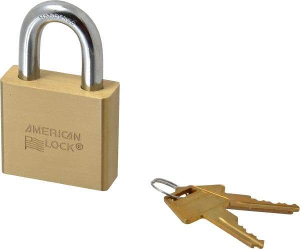 American Lock - 1-1/8" Shackle Clearance, Keyed Different A5570 Padlock - 3/8" Shackle Diam, Steel & Brass, with Solid Extruded Brass Finish - Industrial Tool & Supply